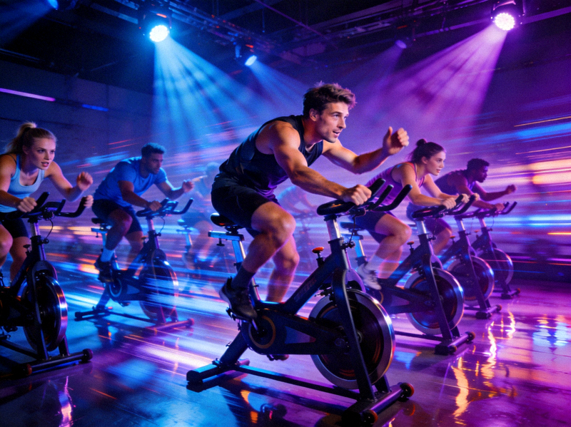 动感单车课程 - 在炫彩灯光下，学员激情骑行，模拟户外冲刺与爬坡