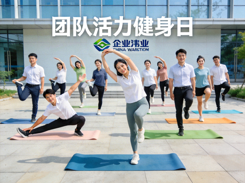 企业员工健身场景 - 企业组织员工在会议室或户外进行团体健身活动，提升团队凝聚力