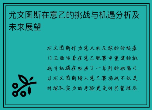 尤文图斯在意乙的挑战与机遇分析及未来展望