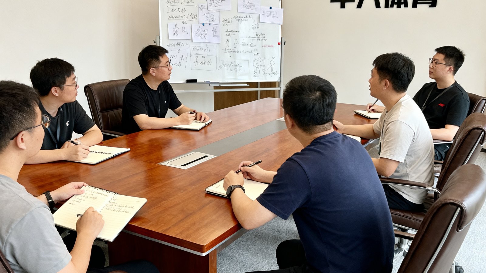 牛八体育团队在上海客户企业会议室中进行体育活动需求调研访谈，白板上写满了活动方案草图